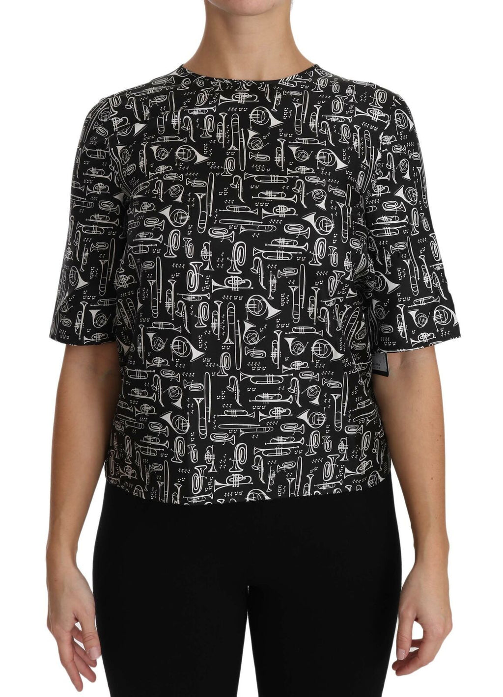 Dolce & Gabbana Black Musical Instruments Print Silk Blouse