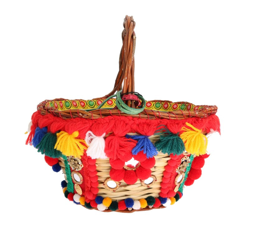 Dolce & Gabbana Multicolor AGNESE Straw Crystal  Pom Pom Bag