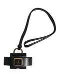 Dolce & Gabbana Black Leather Strap Gold Metal Logo Plaque Airpods Case
